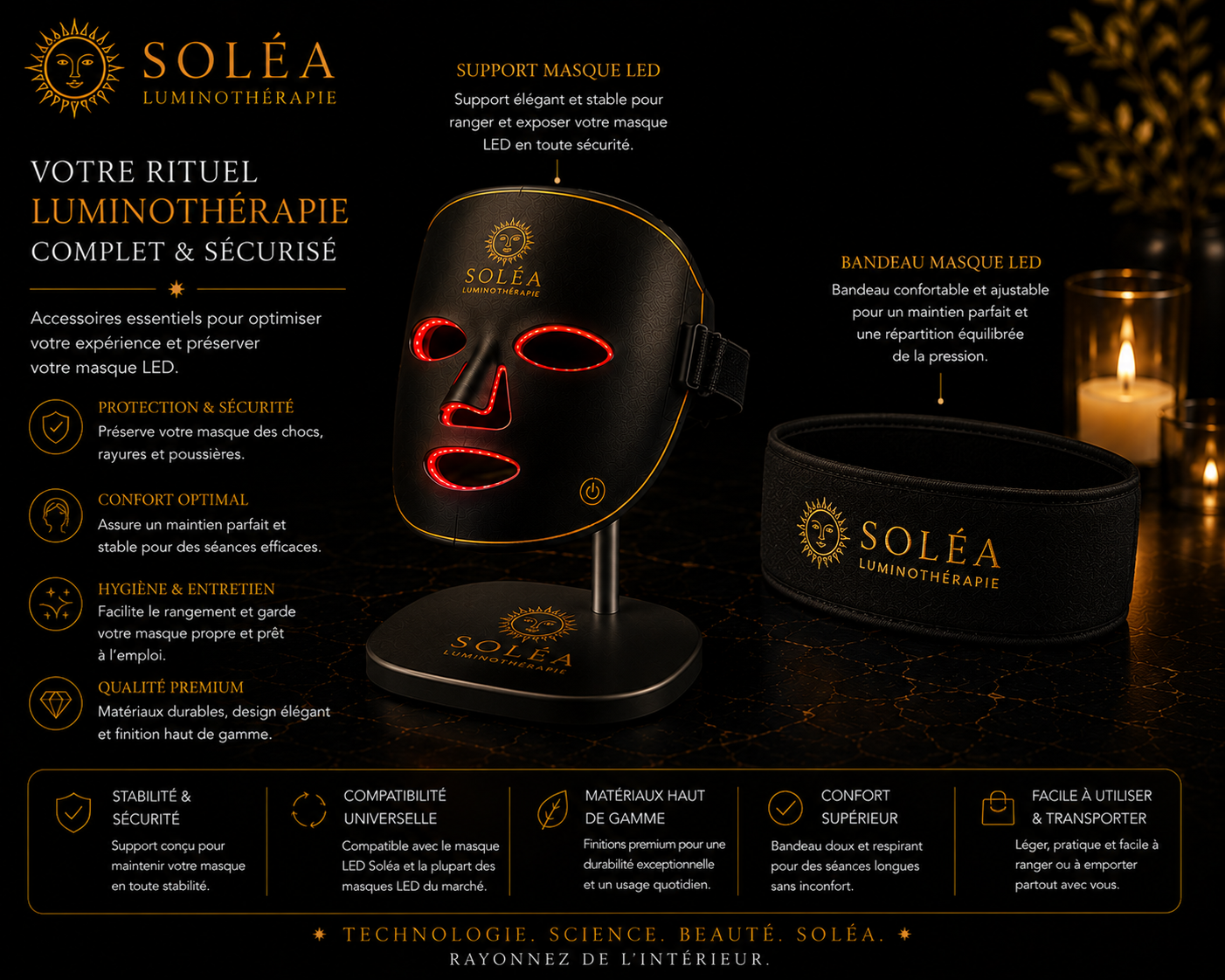 Support & Bandeau Masque LED Soléa Holder — masque LED luminothérapie Soléa