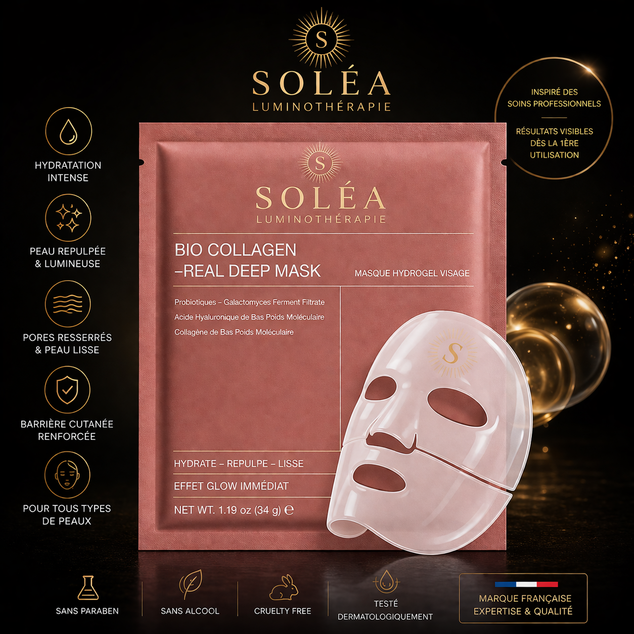 Masque Soléa™ Hydrogel Collagène & Vitamine C — masque LED luminothérapie Soléa